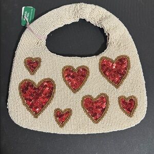 Ink + alloy cream and red heart beaded handle bag